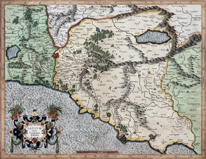 Campagna, area around Rome, hand-coloured copper engraving by Gerhard Mercator, 1623, Italy