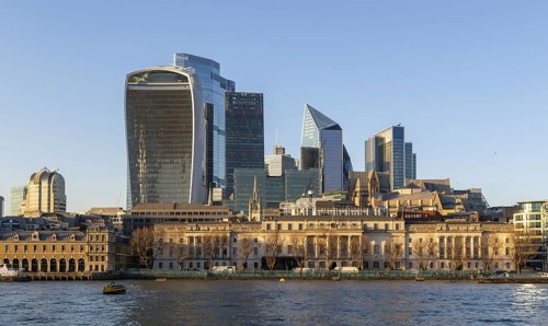 Georgian architecture Custom House building contrast with modern skyscrapers, River Thames, City of