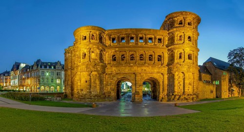Trier Porta Nigra illuminated Panorama Germany