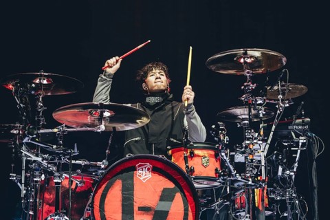 Josh Dun, drummer of Twenty One Pilots live on The Clancy World Tour at the Uber Arena in Berlin on