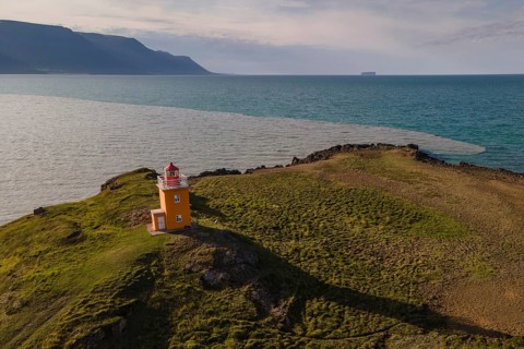 Drone picture, aerial view, lighthouse Hegranesviti, Hegranes, peninsula Landsendi, in the