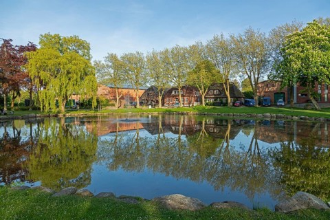 Pond, trees, houses, reflection, Petersdorf, Fehmarn, Schleswig-Holstein, Germany
