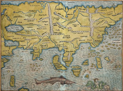Asia, hand-coloured woodcut map from Sebastian Münster Cosmographey oder Beschreibung aller Länder,