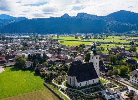 Drone image, view of village with parish church, Oberalm, Flachgau, Salzburg province, Austria
