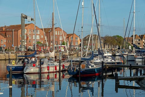 Boats, houses, harbour, Orth, Fehmarn, Schleswig-Holstein, Germany