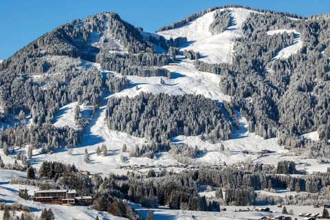 Snow-covered winter landscape, view of Bolsterlang and Bolsterlanger Horn with skiing area,