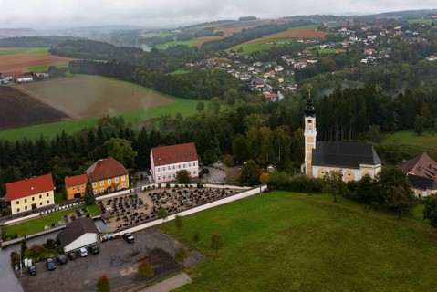 Drone image, residential buildings, view of village with church, Brunnenthal, Innviertel, Upper
