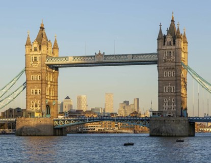 Tower Bridge in sunshine at dusk, River Thames from Southwark, London, England, UK