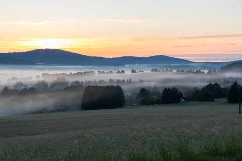Oberlausitzer Bergland with fog at sunrise, view from Callenberg, Schirgiswalde-Kirschau, Saxony,