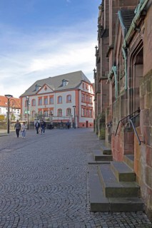 Fruit market with rectory and Wendalinus basilica, St Wendel's Cathedral, St Wendel, Saarland,