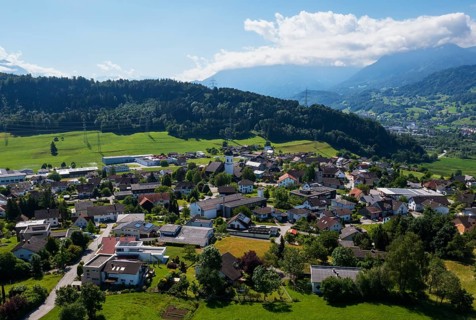 View of the village with parish church, Göfis, Walgau, Vorarlberg, Austria