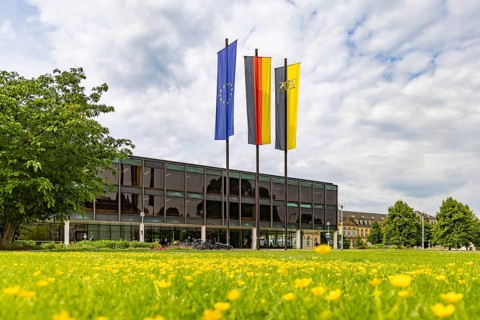 House of the state parliament of Baden-Württemberg, state parliament building in Stuttgart. Flags