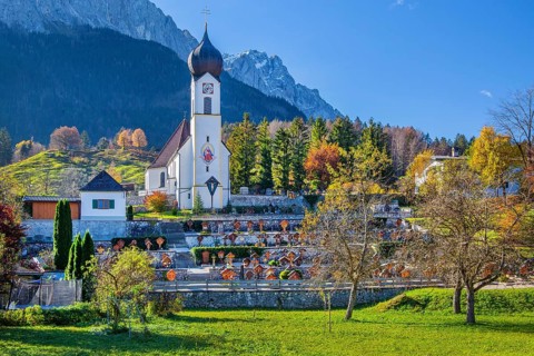 Village church in Oberdorf with Zugspitze 2962m in autumn, Grainau, Wetterstein range, Werdenfelser