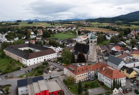 Drone image, view of village with parish church, Pettenbach, Traunviertel, Upper Austria, Austria