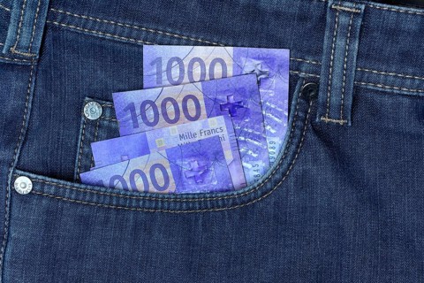Banknotes in trouser pocket, Swiss franc, Switzerland