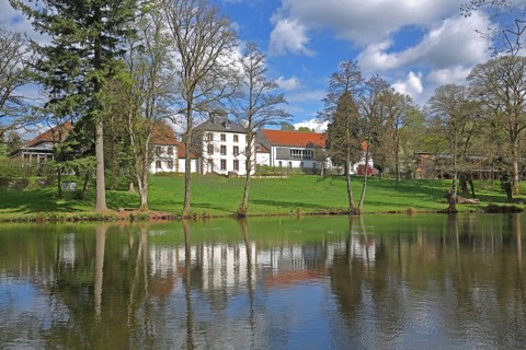 Pond at Hofgut Imsbach, reflection, country inn, idyll, landscape, Theley, Tholey, Saarland,