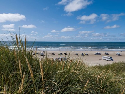 View over dunes to a car beach on the North Sea with campervans by the sea under a blue sky, Vejers
