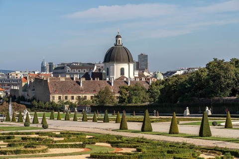 Belvedere Garden and the Catholic Church of the Visitation of the Virgin Mary in Vienna, Austria