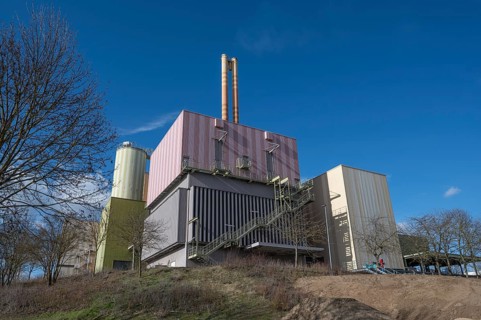Colourful waste-to-energy plant, Würzburg, Lower Franconia, Bavaria, Germany