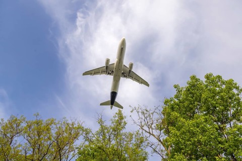 Aeroplane on approach shortly in front of landing at Frankfurt Airport, Fraport. The aeroplane as a