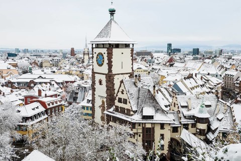 Panorama with snow-covered houses, Old Town, Freiburg im Breisgau, Black Forest, Baden-Württemberg,