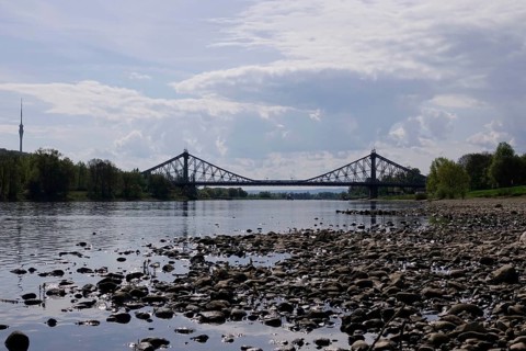 Elbe near Dresden with low water on 23 April 2025, Blaues Wunder bridge, television tower, drought,