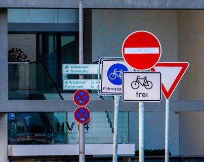 Traffic signs, forest of signs at Hausvogteiplatz, Berlin, Germany