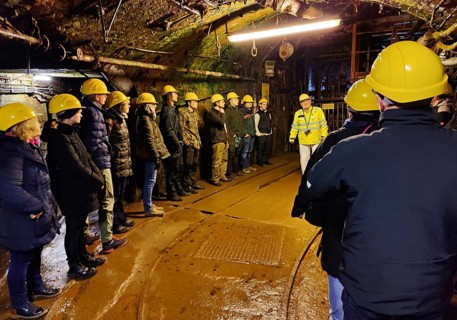 Group of visitors in front of the rope basket, Rammelsberg Ore Mine, UNESCO World Heritage Site,