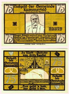 Banknote, emergency money of the municipality of Kummerfeld near Pinneberg, 75 marks, ca 1922,