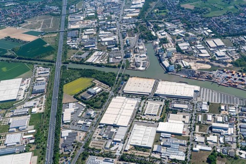 Aerial view, Mittelland Canal, traffic route, port, port of Braunschweig, commercial area,