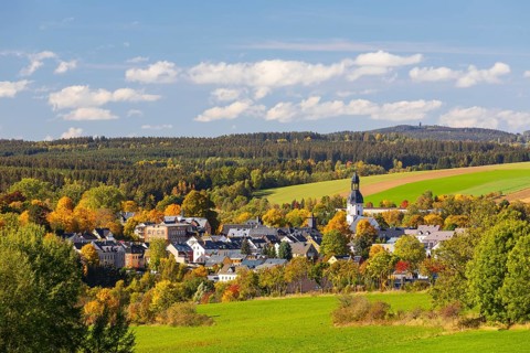 Town view with town church in autumn, in the background the Spiegelwald with the