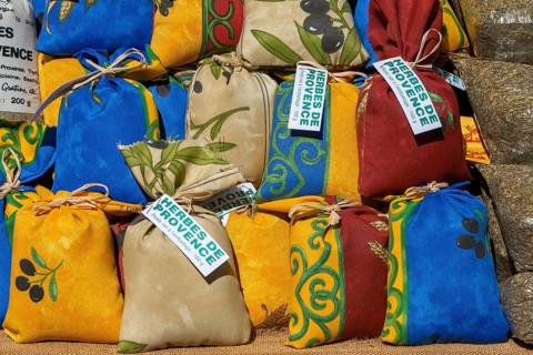 Market stall with herbs of Provence, weekly market, Sault, Vaucluse department in the