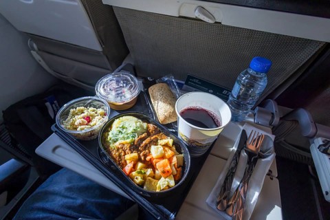 Catering on board an Etihad airline aircraft, interior, cabin. Boeing 787 aircraft, flight from Abu