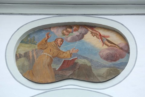 Fresco with Francis of Assisi on Mount La Verna Encounter with crucified Christ, Franciscan, monk,