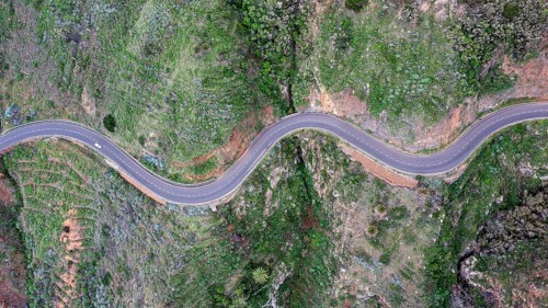 Aerial view, typical road, winding road, La Gomera, Canary Islands, Spain
