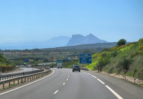 View of the Rock of Gibraltar, A7 motorway, Malaga, Spain
