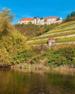 View over the river Unstrut to Neuenburg Castle and the ducal vineyard in autumn, Freyburg