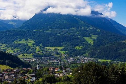 View of the village with parish church, Göfis with view to Frastanz, Walgau, Vorarlberg, Austria
