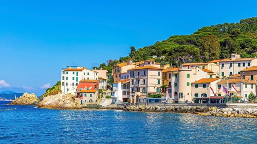 Waterfront promenade in Marciana Marina, Elba Island, Tuscan Archipelago National Park, Tuscany,