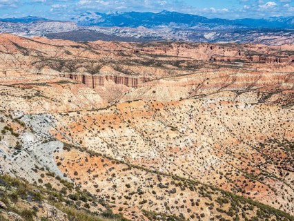 View over the Gorafe desert, colorful canyons, rock formations, Gorafe Desert, UNESCO Granada