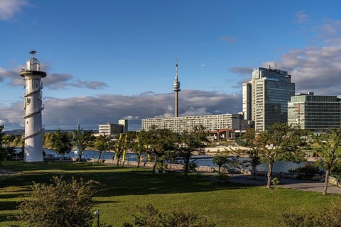 Danube Island Lighthouse, Danube Tower, Danube City and in Vienna, Austria