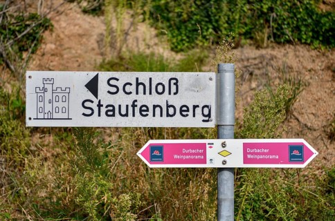 Signpost Staufenberg Castle, near Durbach, Ortenaukreis, Black Forest, Baden-Württemberg, Germany
