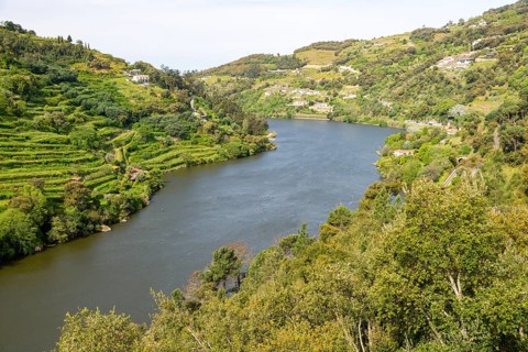 River Douro valley landscape scenery view from bridge, Ponte da Ermida Resende-Baião, Portugal