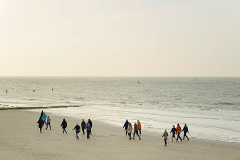 Sports group Nordic walking on the beach, North Sea, Norderney, East Frisian Islands, Lower Saxony,
