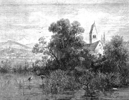 View of Lake Zurich, Lake Zurich, the island of Ufenau, where Ulrich von Hutten's grave is located,