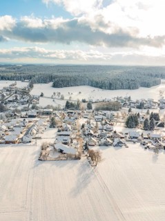 Village in the snow with extensive fields and forest in the background, Oberreichenbach, Black