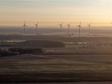 Wind turbines in the Drömling UNESCO Biosphere Reserve in the Altmark early in the morning on a
