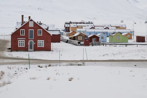 Houses in different colours, winter landscape, research settlement, scientific settlement,