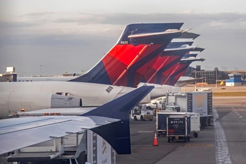 Detroit, Michigan - Delta Airlines jets parked at Detroit Metro Airport