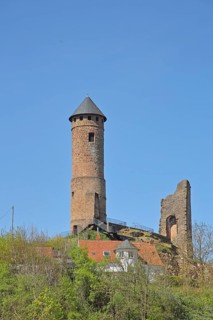 Round red tower of the castle built in the 11th century, spring, Kirkel, Bliesgau, Saarland,